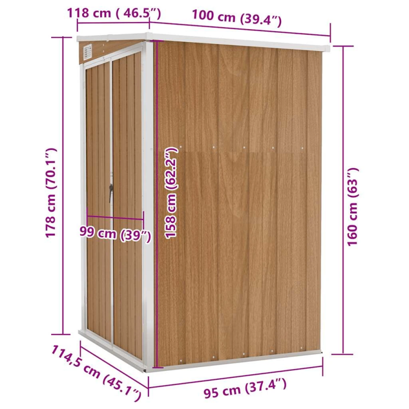 vidaXL dārza šķūnis, brūns, 118x100x178 cm, cinkots tērauds