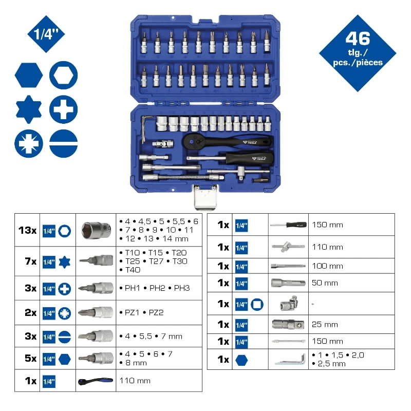 1-4" Muciņu komplekts, 46-gab., Brilliant Tools