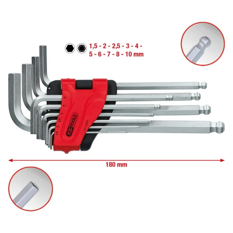 L-raktų šešiakampių komplektas 1,5-10mm, 10vnt, ilgi, KS Tools