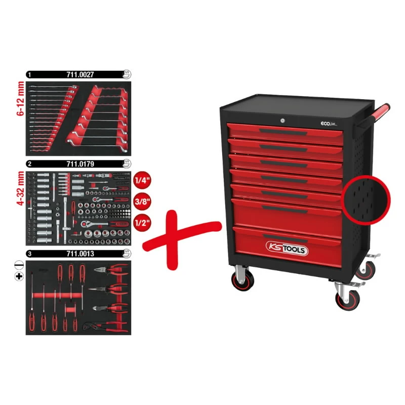 Instrumentu ratiņi ECOline, 7 atvilktnes +215gab. komplekts, KS Tools