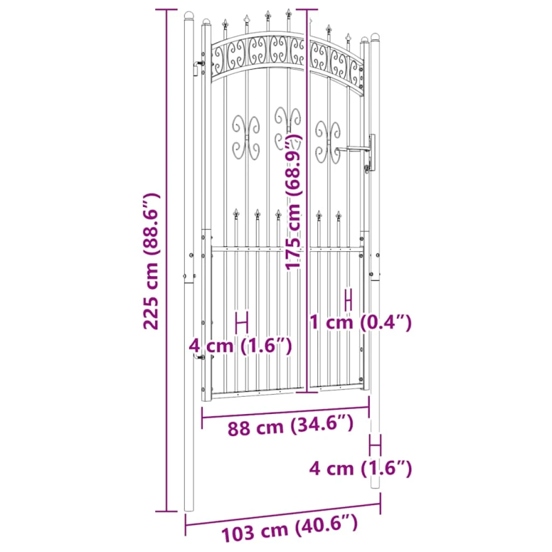 vidaXL žoga vārti ar šķēpa formas augšdaļu, melni, 103x175 cm, pulverkrāsots tērauds