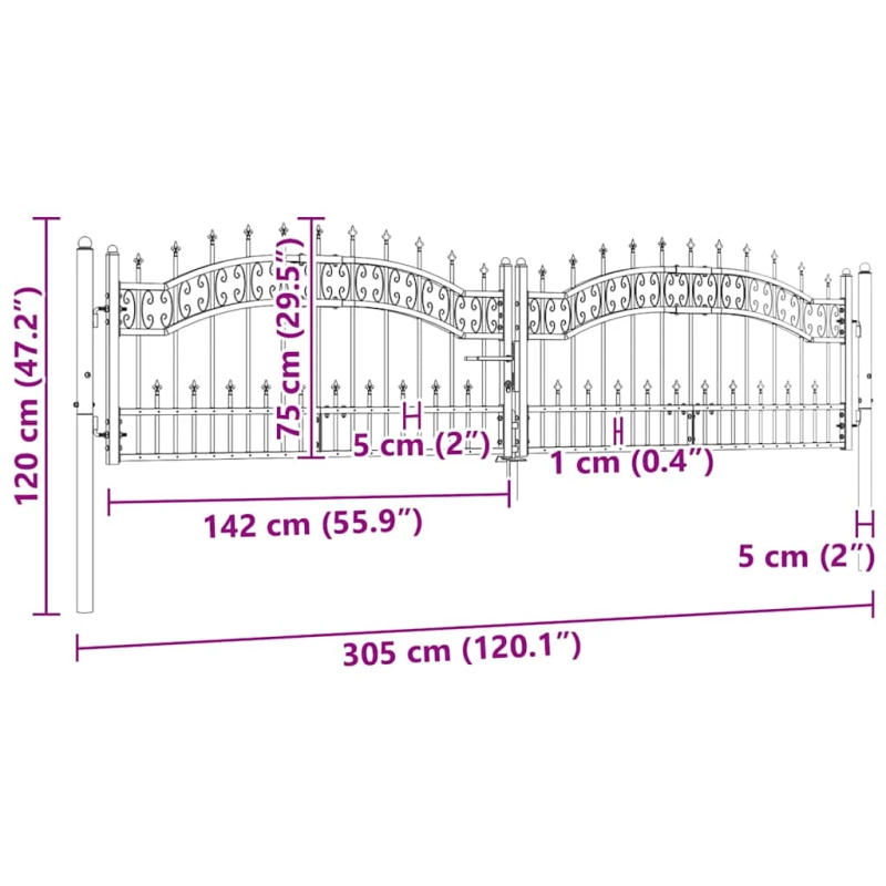 vidaXL žoga vārti ar šķēpa formas augšdaļu, melni, 305x75 cm, pulverkrāsots tērauds