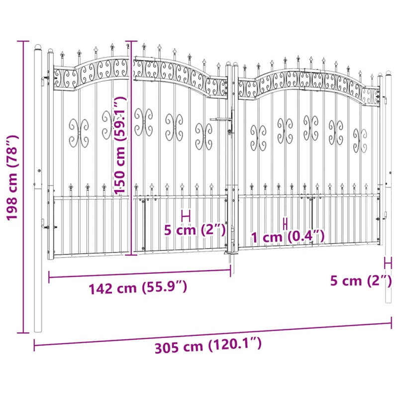 vidaXL žoga vārti ar šķēpa formas augšdaļu, melni, 305x150 cm, pulverkrāsots tērauds