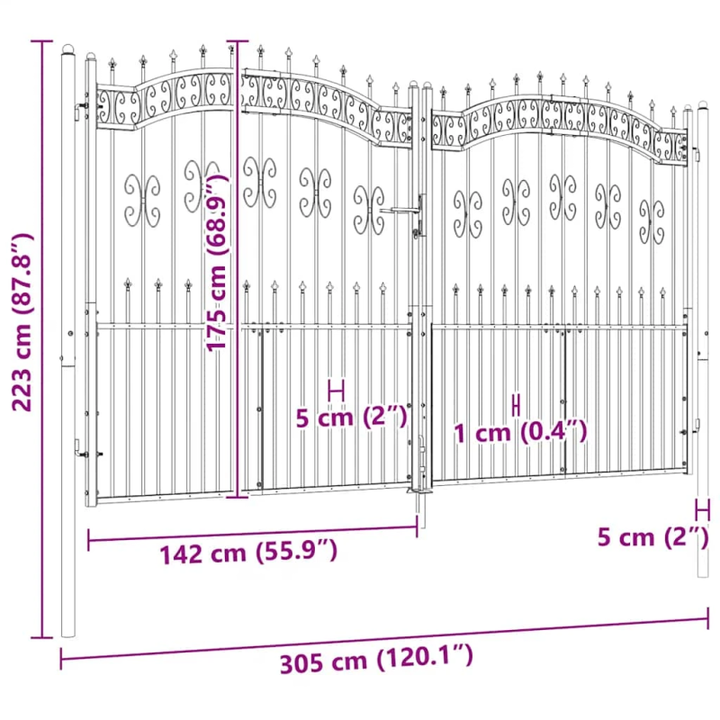 vidaXL žoga vārti ar šķēpa formas augšdaļu, melni, 305x175 cm, pulverkrāsots tērauds