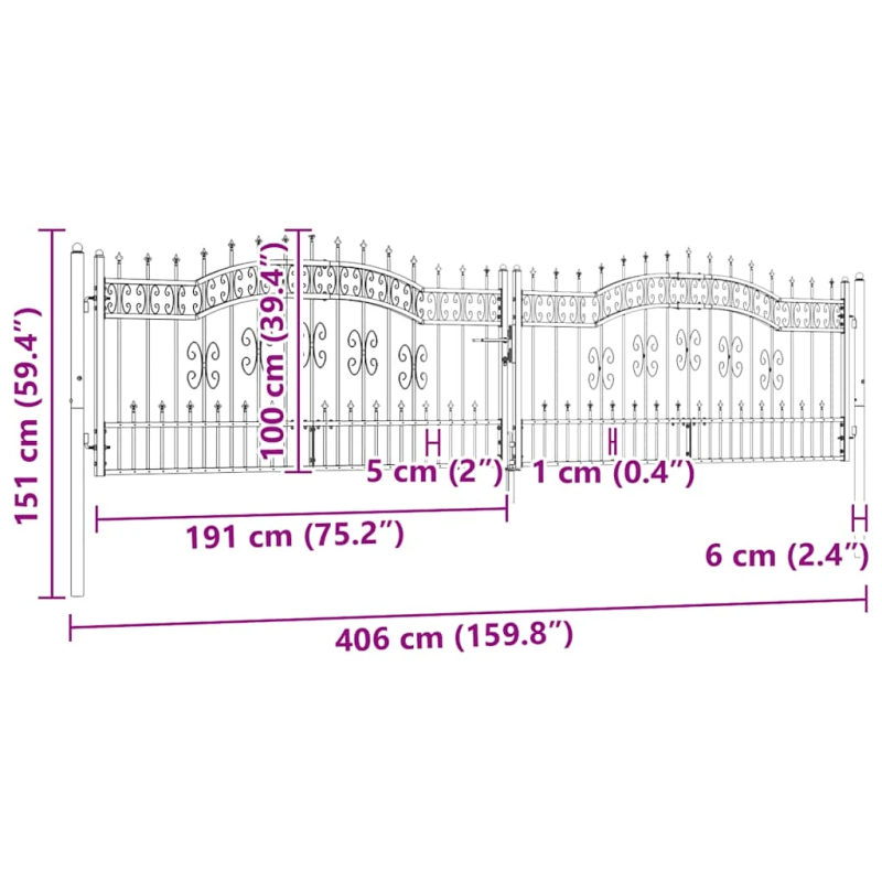 vidaXL žoga vārti ar šķēpa formas augšdaļu, melni, 406x100 cm, pulverkrāsots tērauds