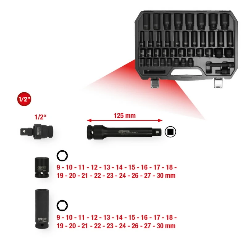 Triecienmuciņu komplekts 1-2´´, garās un īsās, 40gab, 9-30mm, KS Tools