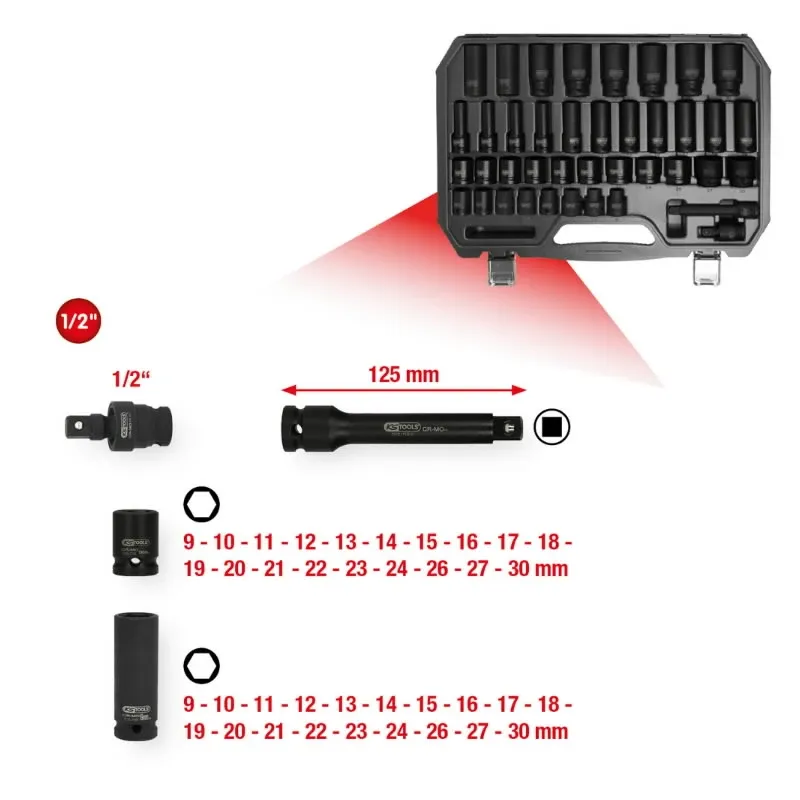 Triecienmuciņu komplekts 1-2´´, garās un īsās, 9-30mm 40pcs, KS Tools