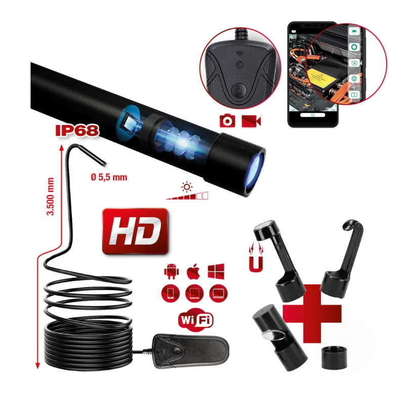 Wi-Fi video scope set with Ų 5.5 mm 0° front camera probe, 3, KS Tools
