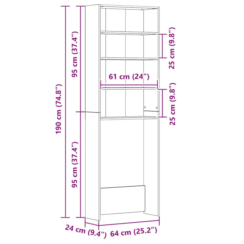 vidaXL veļasmašīnas plaukts, ozolkoka krāsa, 64x24x190 cm