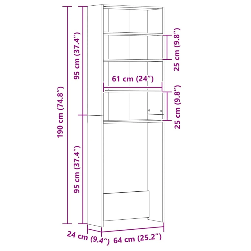 vidaXL veļasmašīnas plaukts, 64x24x190 cm, spīdīgi balts