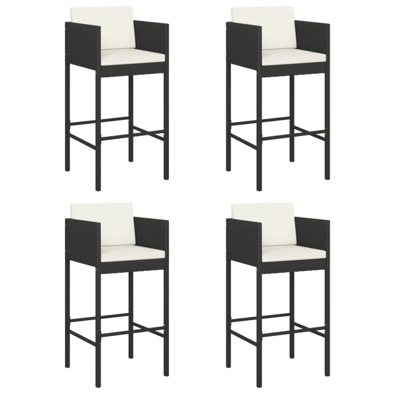 vidaXL bāra krēsli ar matračiem, 4 gab., melna PE rotangpalma