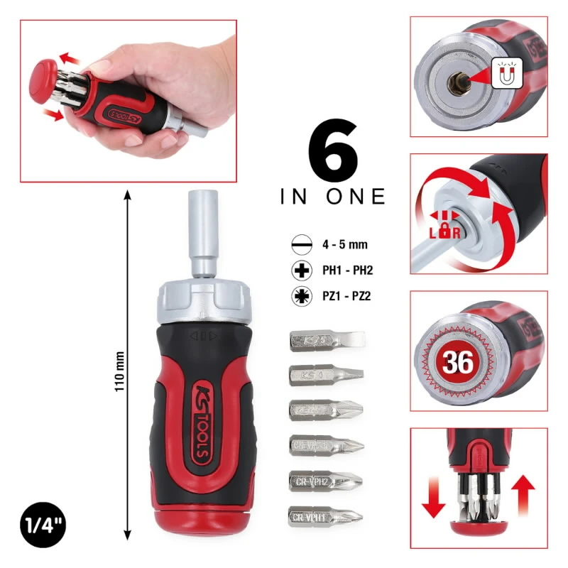 Mini skrūvgriezis ar sprūdmehānismu 6 in 1, 1-4", KS Tools