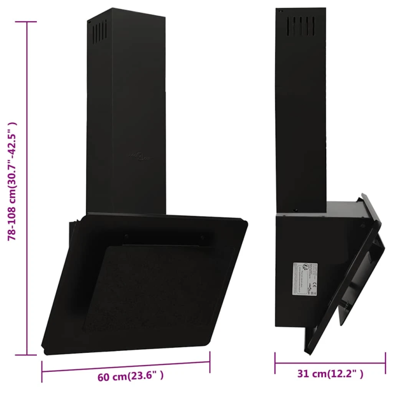 vidaXL tvaika nosūcējs, 60 cm, tērauds, rūdīts stikls, melns