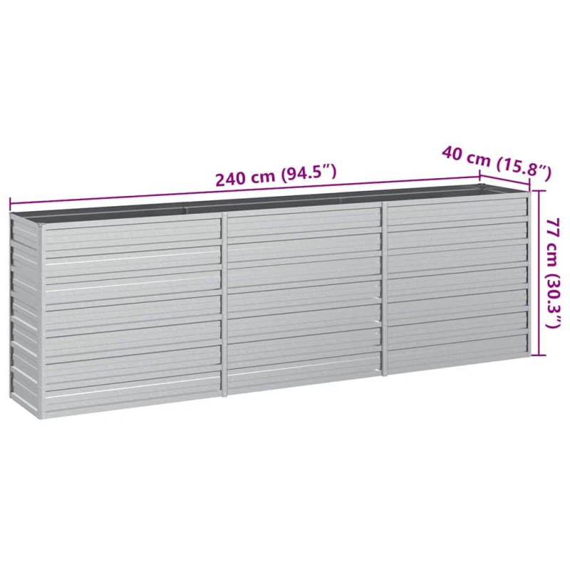 vidaXL augstā puķu kaste, 240x40x77 cm, cinkots tērauds, sudrabains