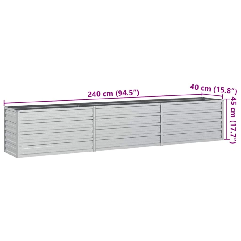 vidaXL augstā puķu kaste, 240x40x45 cm, cinkots tērauds, sudrabains