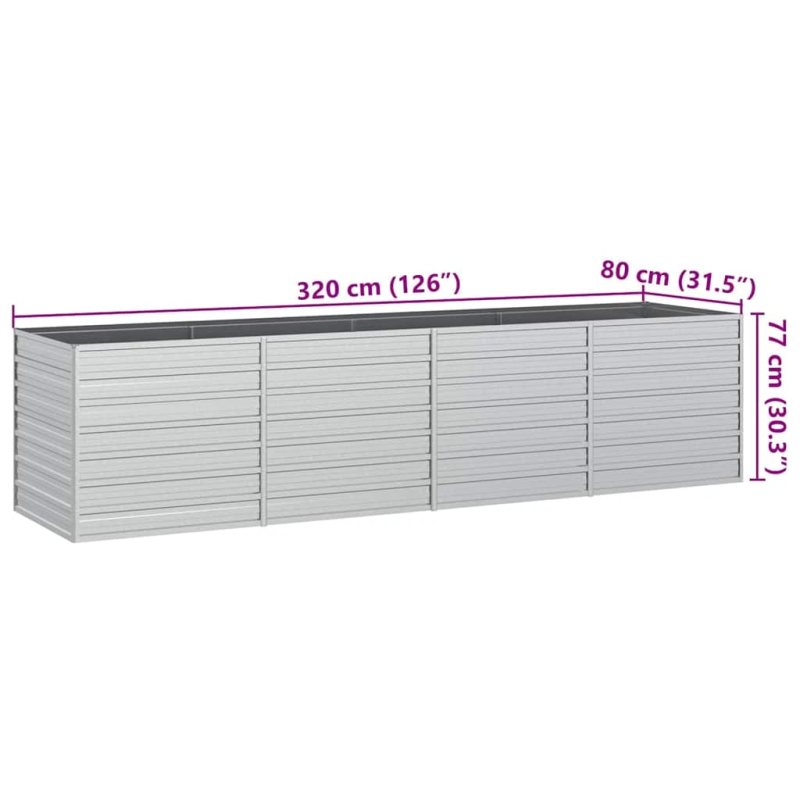 vidaXL augstā puķu kaste, 320x80x77 cm, cinkots tērauds, sudrabains