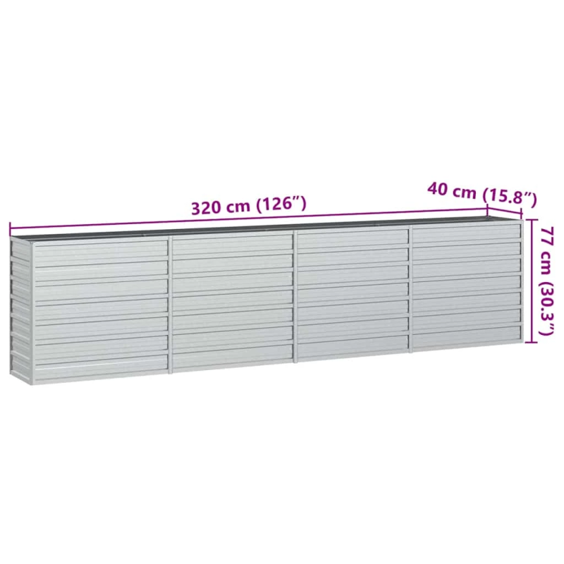 vidaXL augstā puķu kaste, 320x40x77 cm, cinkots tērauds, sudrabains