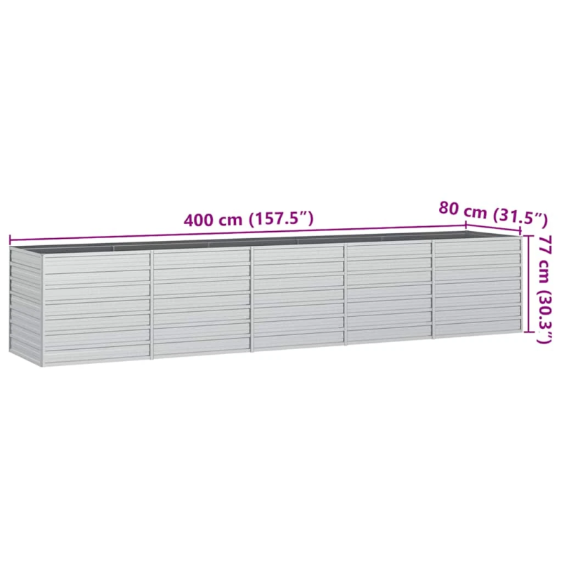 vidaXL augstā puķu kaste, 400x80x77 cm, cinkots tērauds, sudrabains