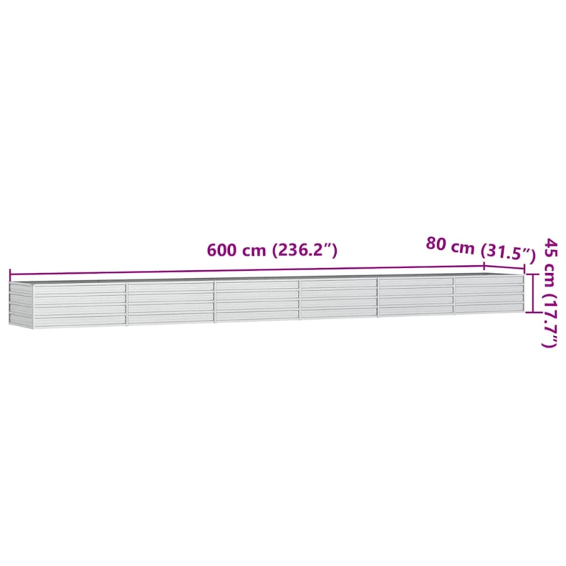 vidaXL augstā puķu kaste, 600x80x45 cm, cinkots tērauds, sudrabains