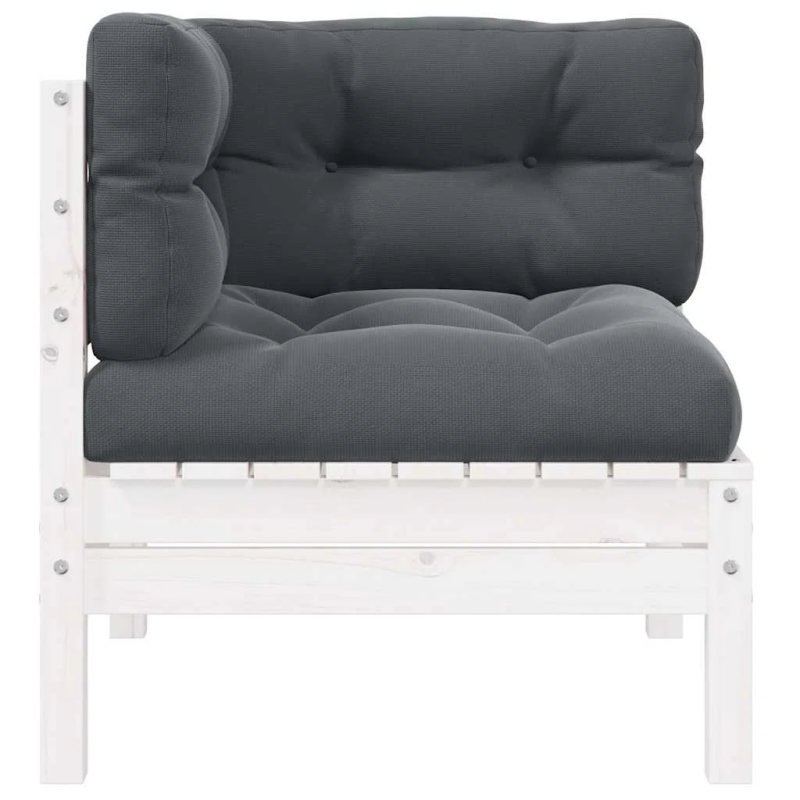 vidaXL dārza stūra dīvāns ar matračiem, balts priedes masīvkoks