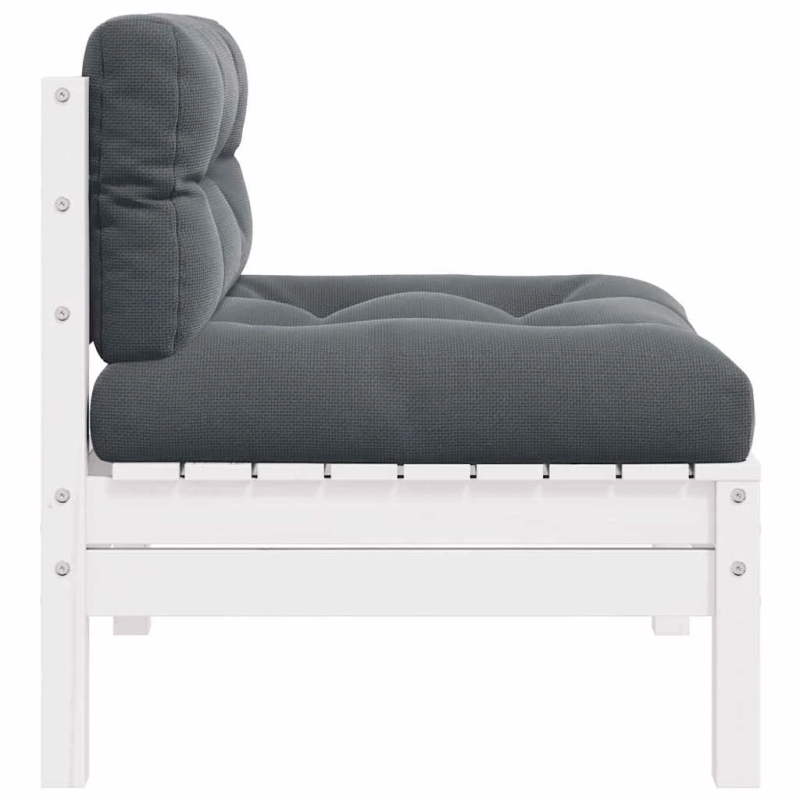 vidaXL dārza vidējais dīvāns ar matračiem, balts priedes masīvkoks