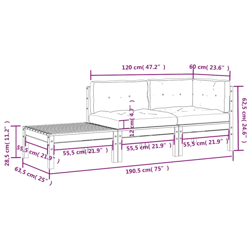 vidaXL 3-daļīgs dārza mēbeļu komplekts ar pelēkiem matračiem, priede