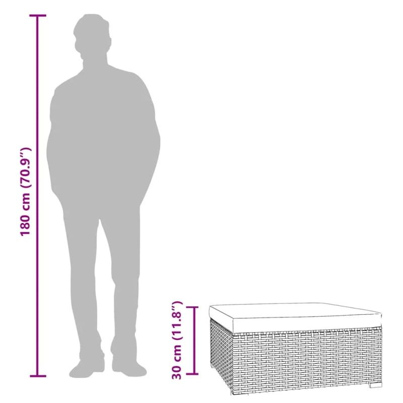 vidaXL dārza kāju balsts, matracis, 70x70x30 cm, pelēka PE rotangpalma