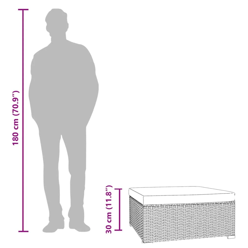 vidaXL dārza kāju balsts, matracis, 70x70x30 cm, pelēka PE rotangpalma
