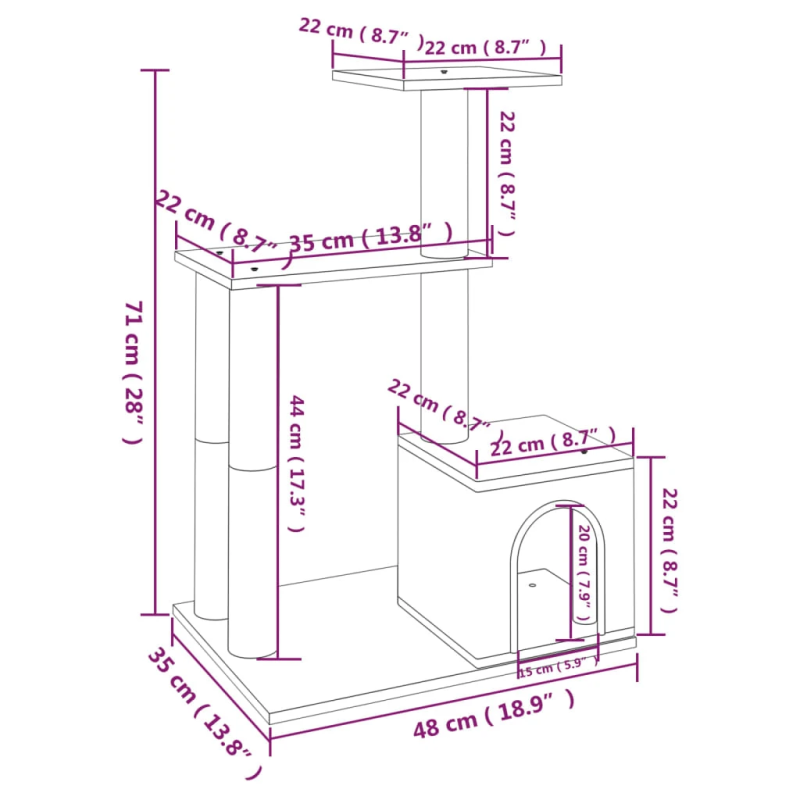 vidaXL kaķu māja ar sizala stabiem nagu asināšanai, 71 cm, pelēka