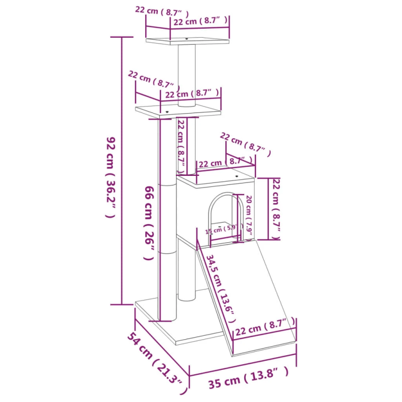 vidaXL kaķu māja ar sizala stabiem nagu asināšanai, 92 cm, krēmkrāsas