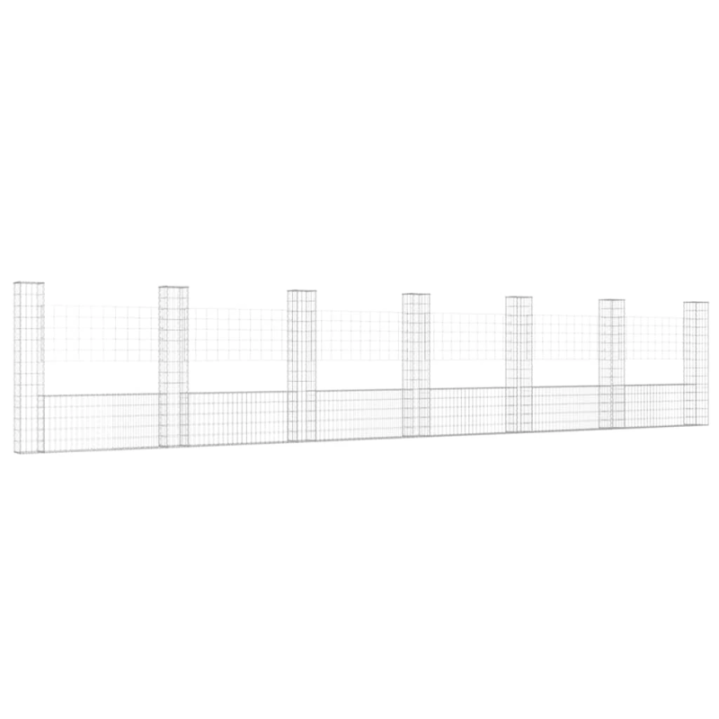 vidaXL gabionu siena ar 7 stabiem, U-forma, dzelzs, 740x20x150 cm