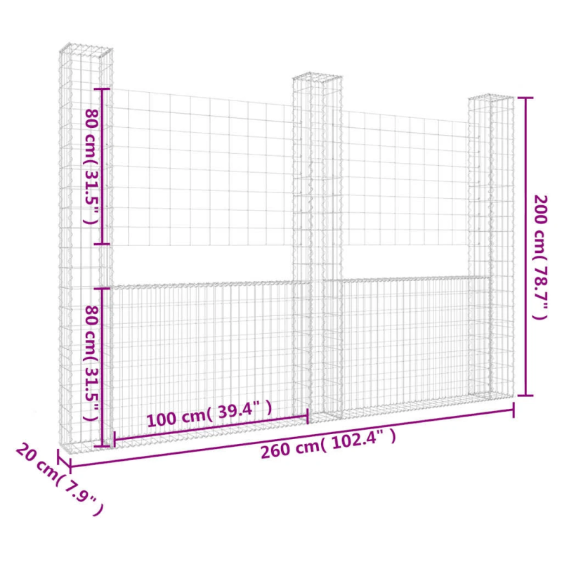 vidaXL gabionu siena ar 3 stabiem, U-forma, dzelzs, 260x20x200 cm