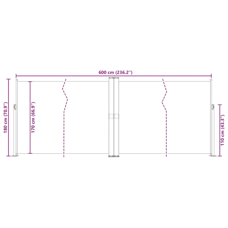 vidaXL izvelkams sānu aizslietnis, melns, 180x600 cm