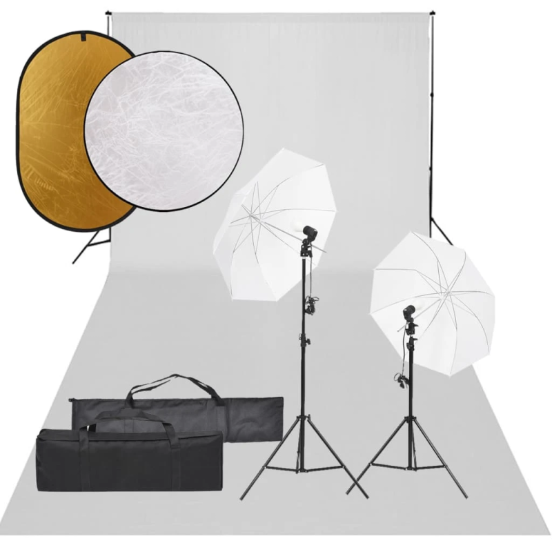 vidaXL fotostudijas komplekts – gaismas, fons, reflektori