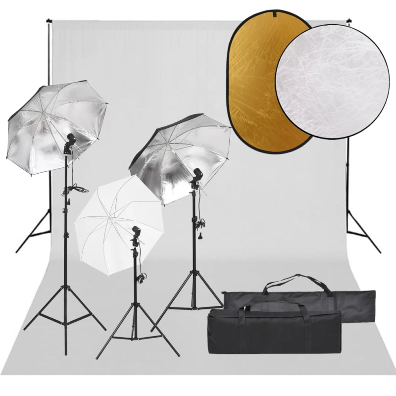 vidaXL fotostudijas komplekts – gaismas, fons, reflektors