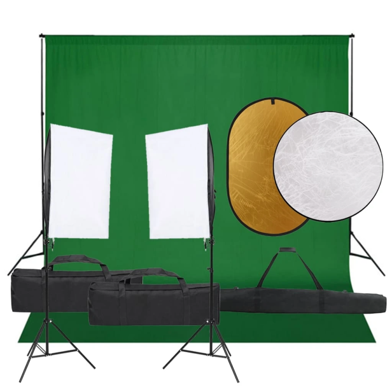 vidaXL fotostudijas komplekts – gaismas, fons, reflektors