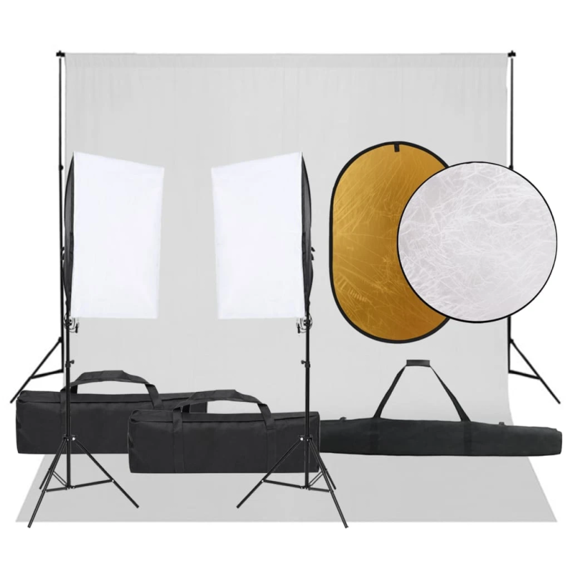 vidaXL fotostudijas komplekts – gaismas, fons, reflektors