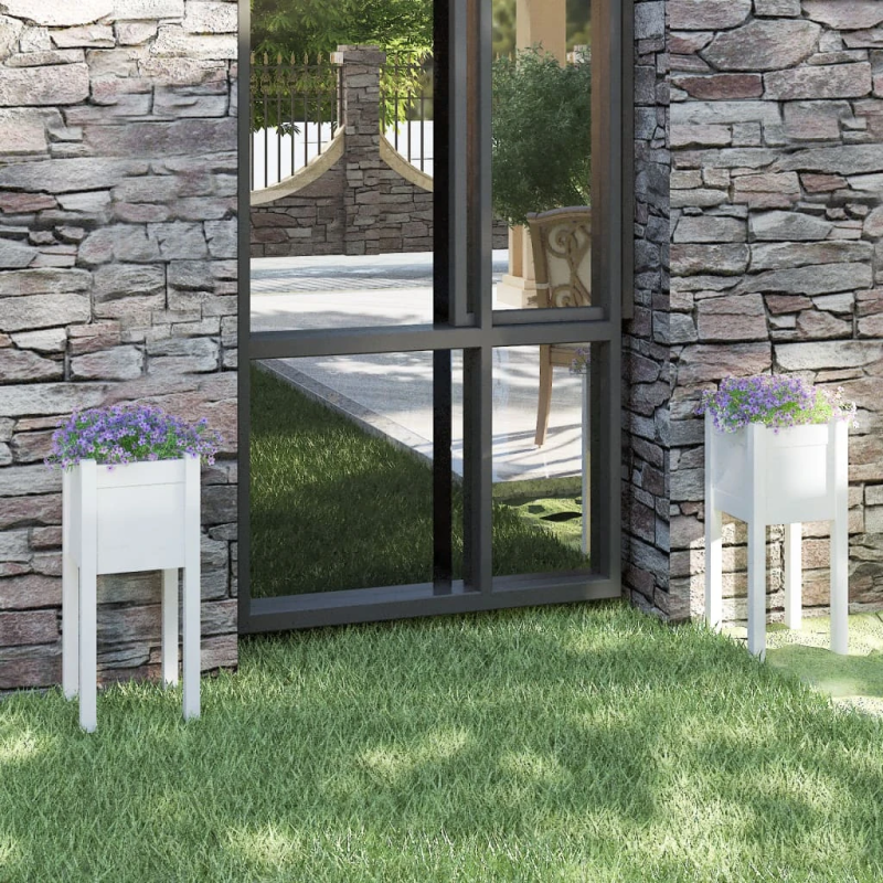 vidaXL dārza puķu kastes, 2 gab., baltas, 31x31x70 cm, priedes koks