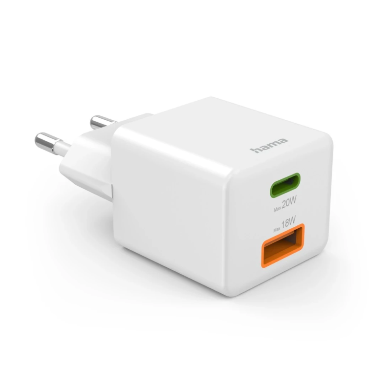 Hama 00201991 Fast Charger 1x USB-C 1x USB-A, Mini Charger, PD, 20W, White