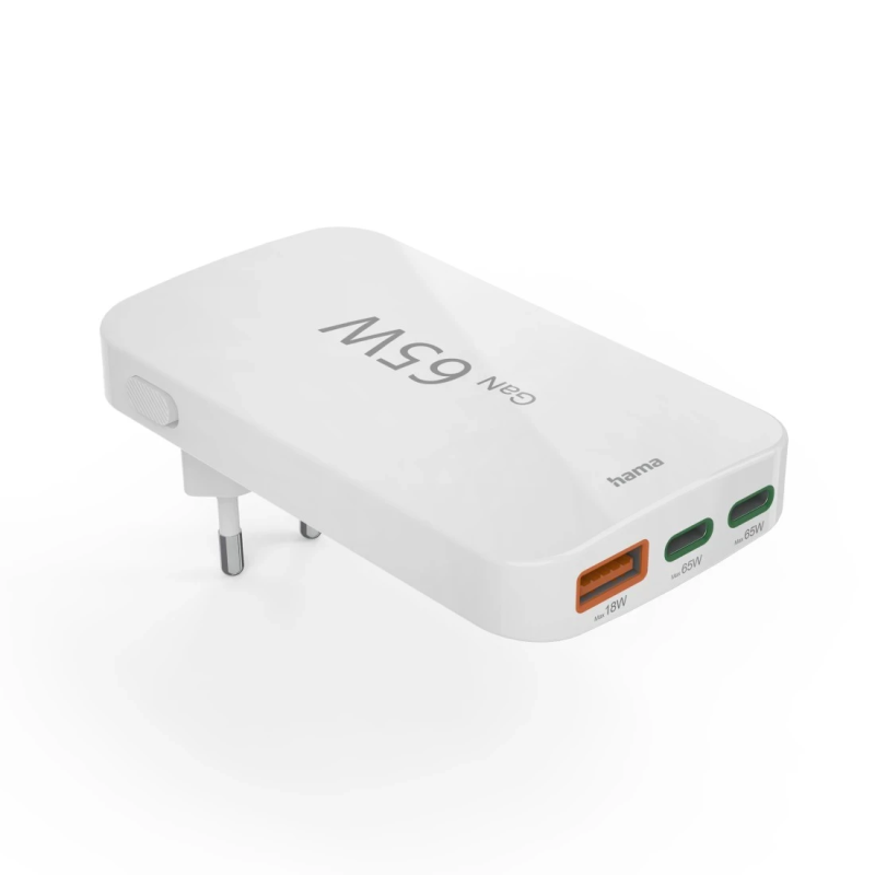 Hama 00201976 Flat Charger 220V With 2xUSB-C-USB-A 65W White
