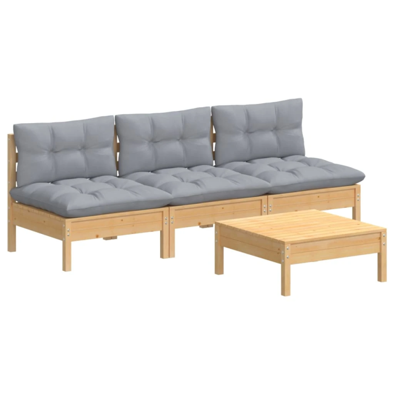 vidaXL 4-daļīgs dārza mēbeļu komplekts ar pelēkiem matračiem, priede