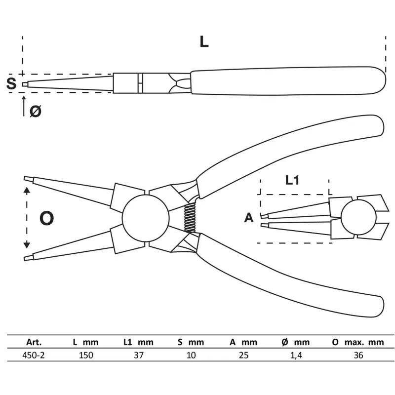 Circlip Pliers - straight - for inside Circlips - 150 mm