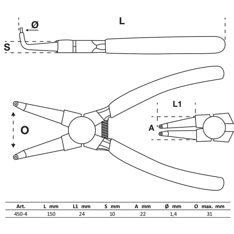 Circlip Pliers - angled - for inside Circlips - 150 mm