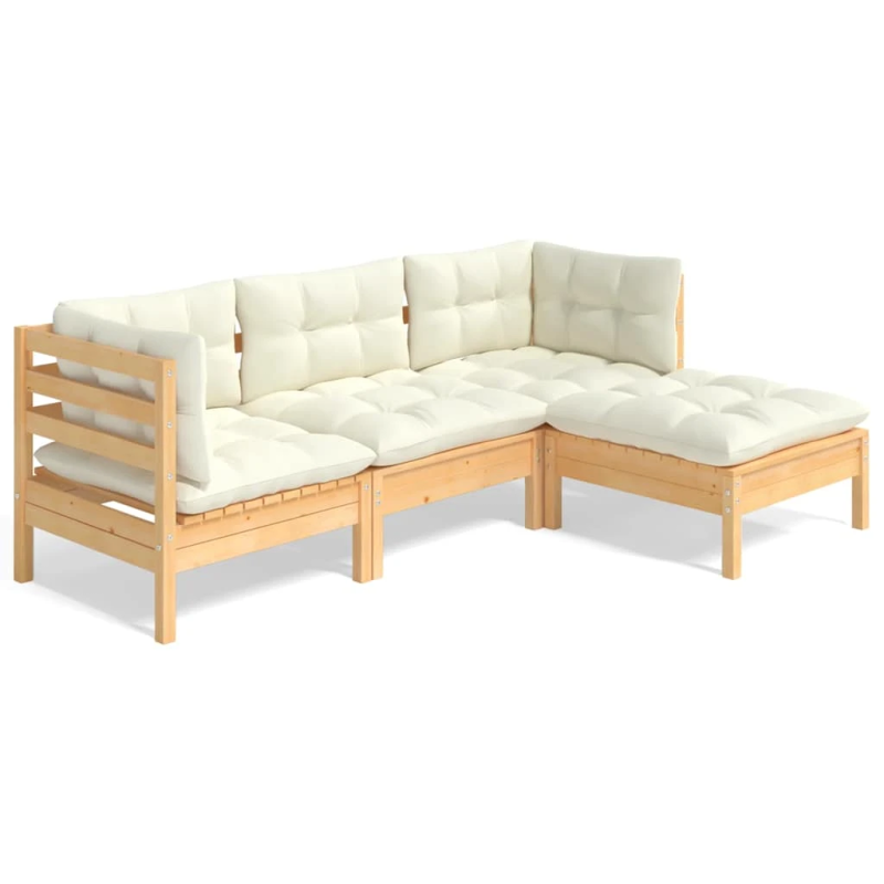 vidaXL 4-daļīgs dārza mēbeļu komplekts ar krēmkrāsas matračiem, priede