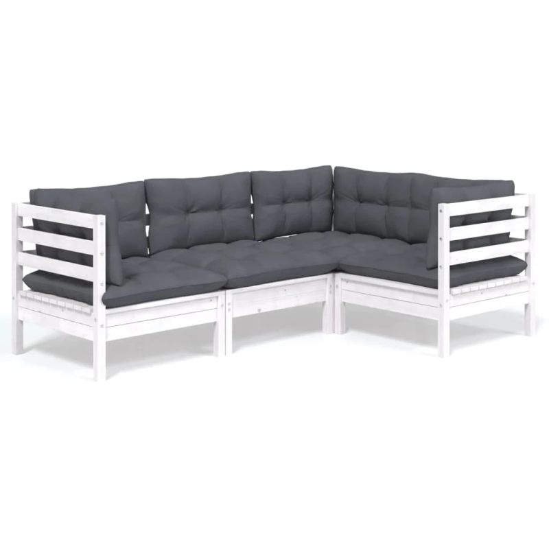 vidaXL 4-daļīgs dārza mēbeļu komplekts ar matračiem, balta priede