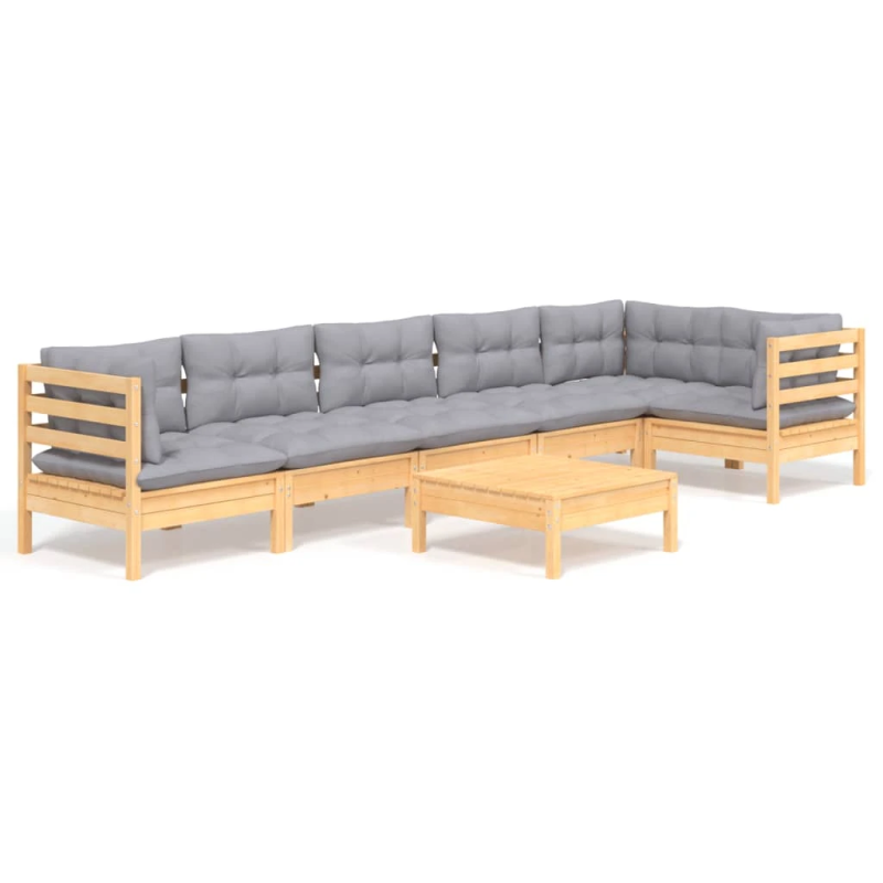 vidaXL 7-daļīgs dārza mēbeļu komplekts ar pelēkiem matračiem, priede