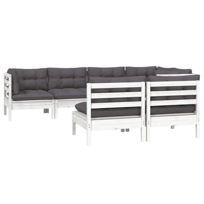 vidaXL 7-daļīgs dārza mēbeļu komplekts ar matračiem, balta priede