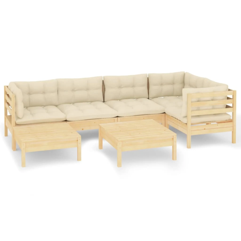 vidaXL 7-daļīgs dārza mēbeļu komplekts ar krēmkrāsas matračiem, priede