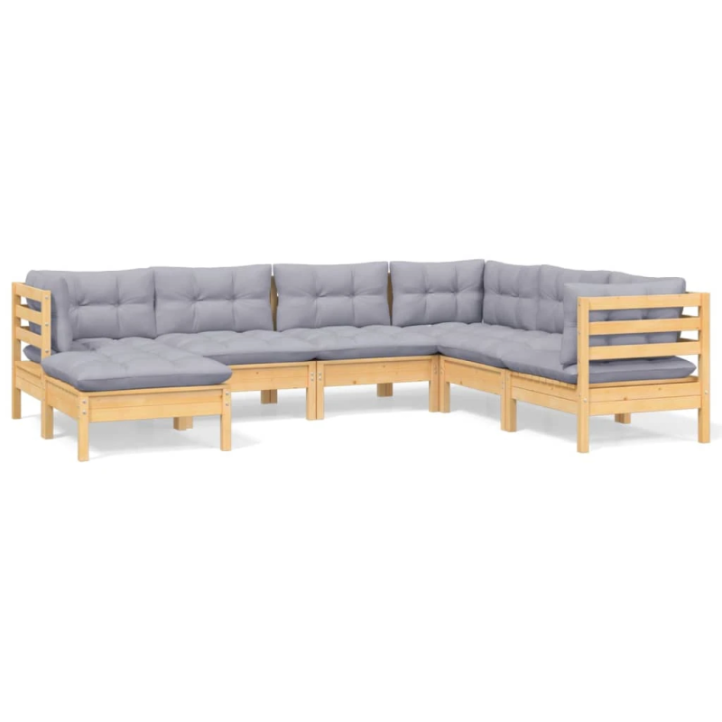 vidaXL 7-daļīgs dārza mēbeļu komplekts ar pelēkiem matračiem, priede