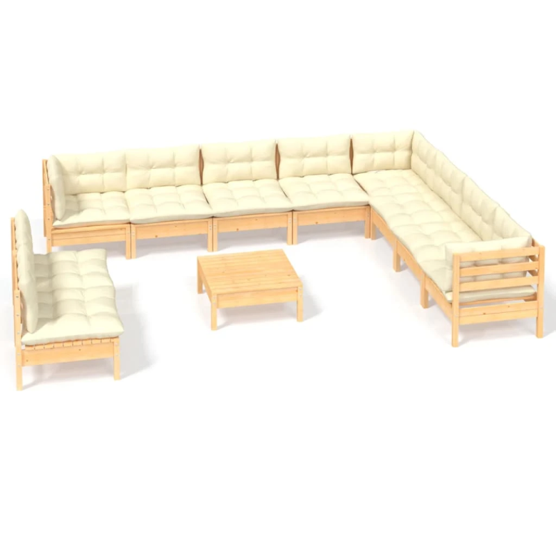 vidaXL 11-daļīgs dārza mēbeļu komplekts ar krēmkrāsas matračiem, koks